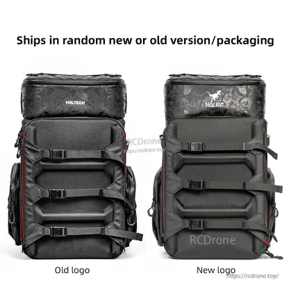 Backpack front comparison showing old logo vs new logo versions, random packaging note