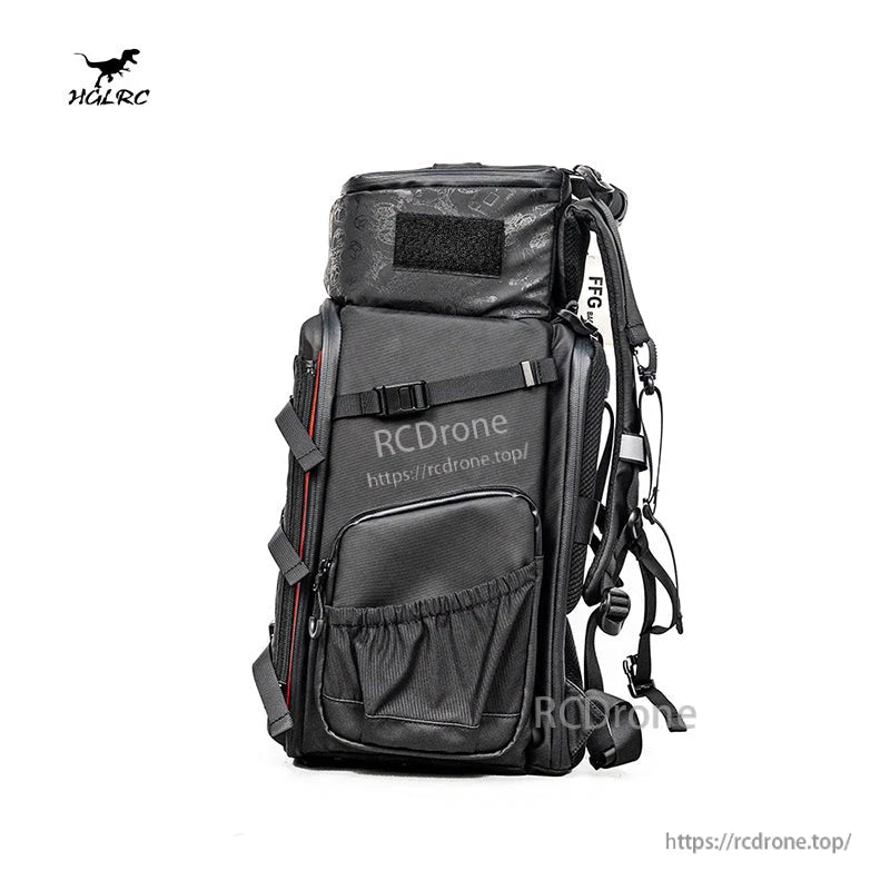 Right side view of backpack showing front pocket, mesh pocket, and top compartment