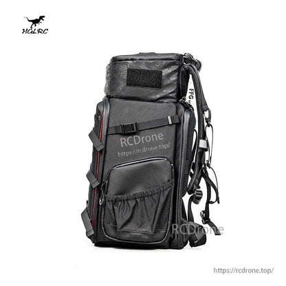 Right side view of backpack showing front pocket, mesh pocket, and top compartment