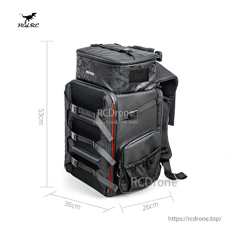 Backpack size diagram showing approx. 53cm tall x 36cm wide x 26cm deep