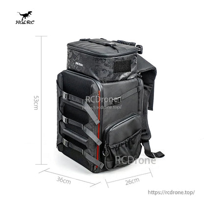 Backpack size diagram showing approx. 53cm tall x 36cm wide x 26cm deep