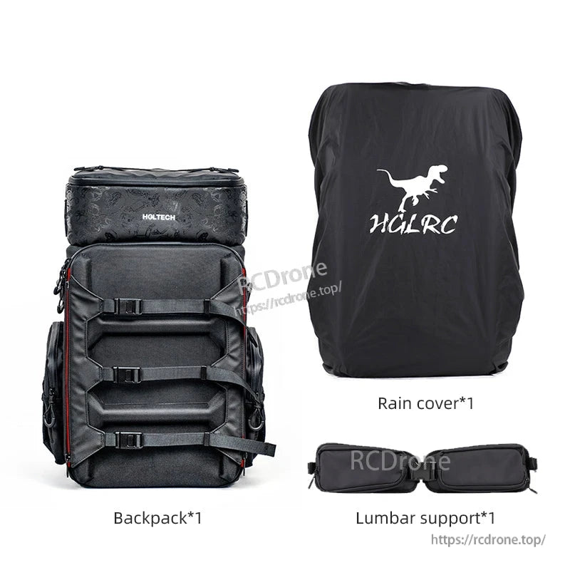 Included items labeled: backpack, HGLRC rain cover, and lumbar support belt