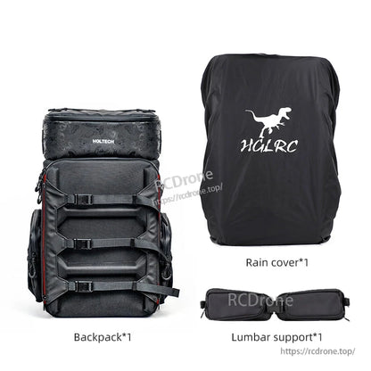 Included items labeled: backpack, HGLRC rain cover, and lumbar support belt