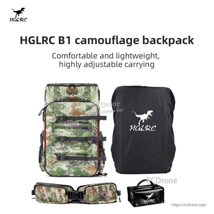 HGLRC B1 camouflage backpack promotional graphic showing backpack, rain cover, waist belt and case