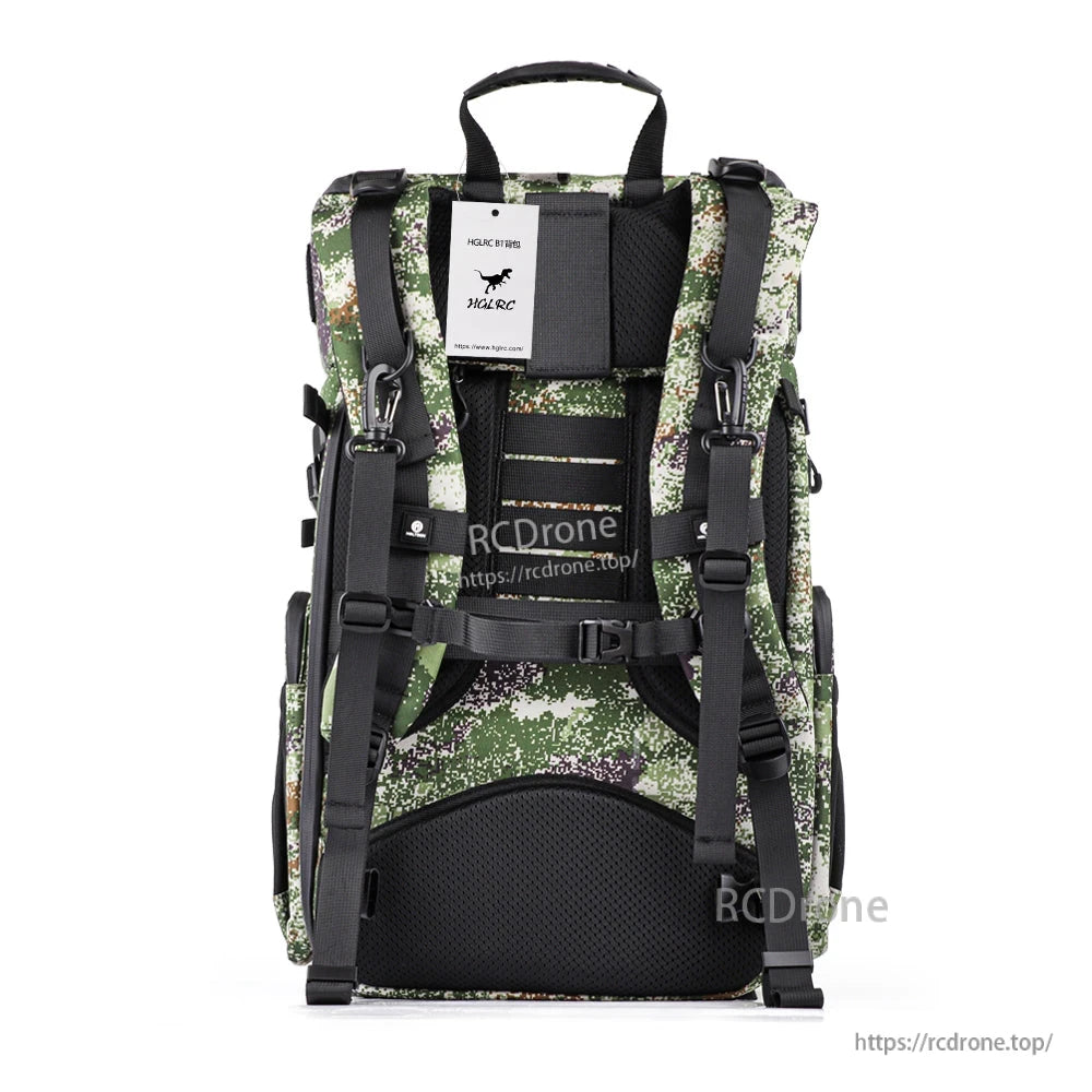 Rear view showing adjustable shoulder straps, sternum strap, top handle and back padding