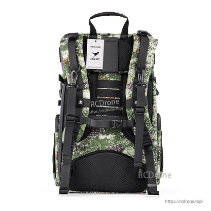 Rear view showing adjustable shoulder straps, sternum strap, top handle and back padding