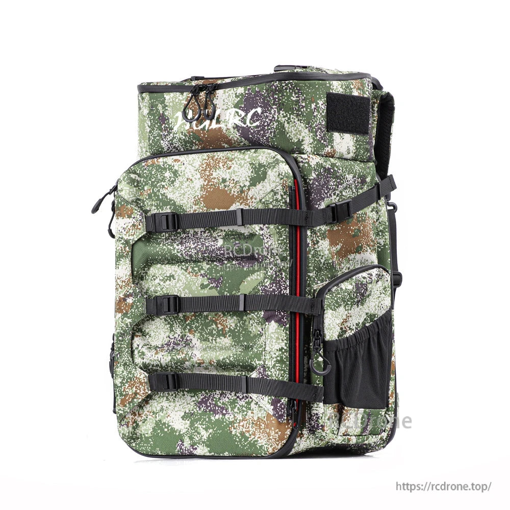Angled front-right view showing side mesh pocket, compression straps and vertical zipper detail