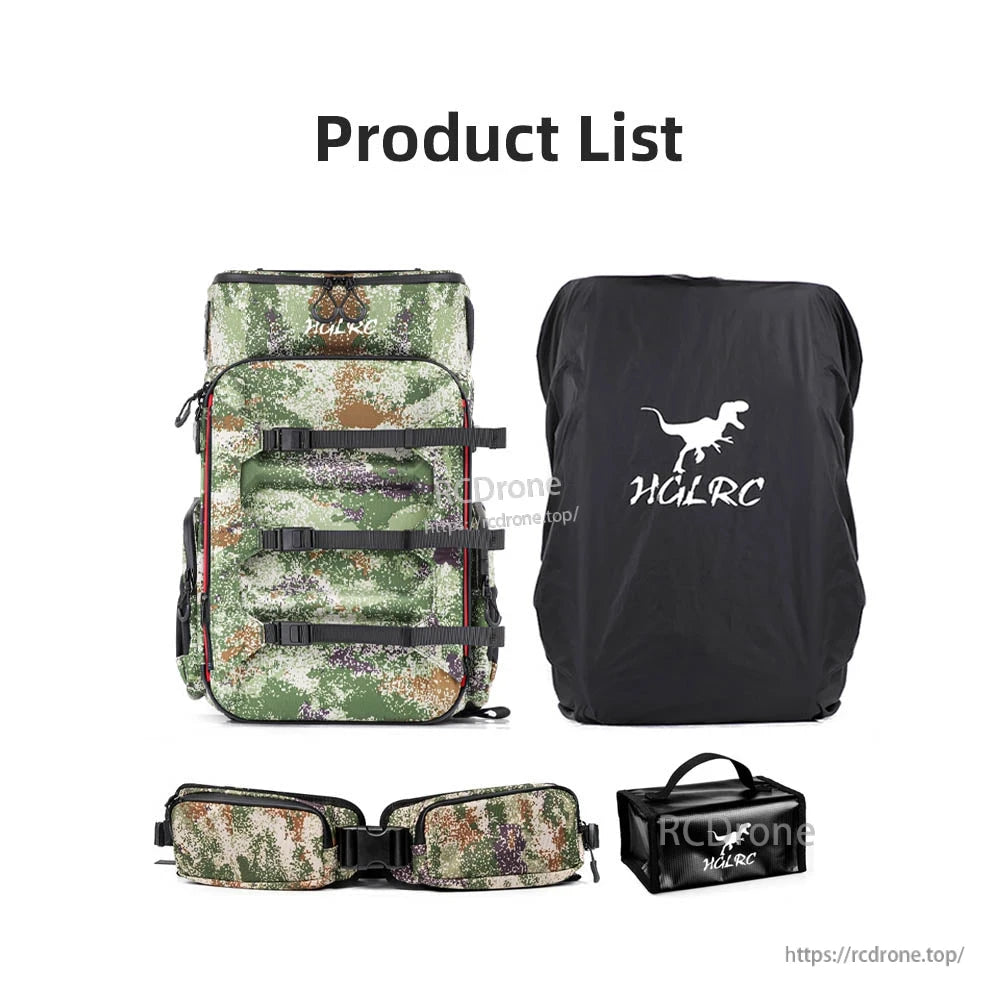 Product list graphic showing backpack, black rain cover, padded waist belt and accessory pouch