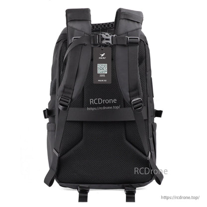 Rear view with padded shoulder straps, chest buckle and back panel padding on HGLRC B2 backpack