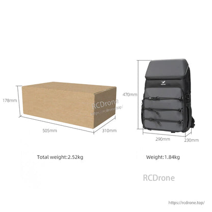 Shipping box size and backpack dimensions diagram with weights for HGLRC B2 drone backpack