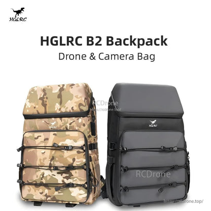 HGLRC B2 Backpack drone and camera bag shown in camo and black versions side by side