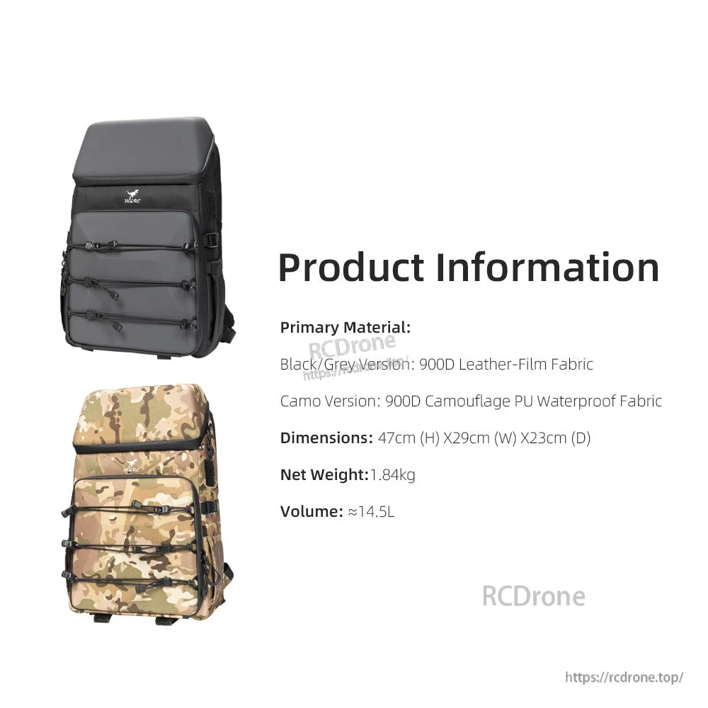 Product information graphic for HGLRC B2 backpack showing material, dimensions, net weight and 14.5L volume