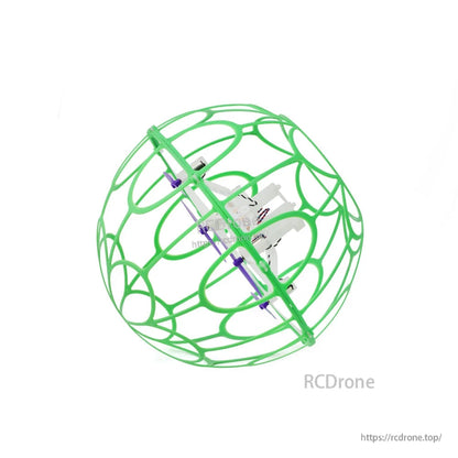 Angled view of green spherical cage showing cross brace and internal drone body