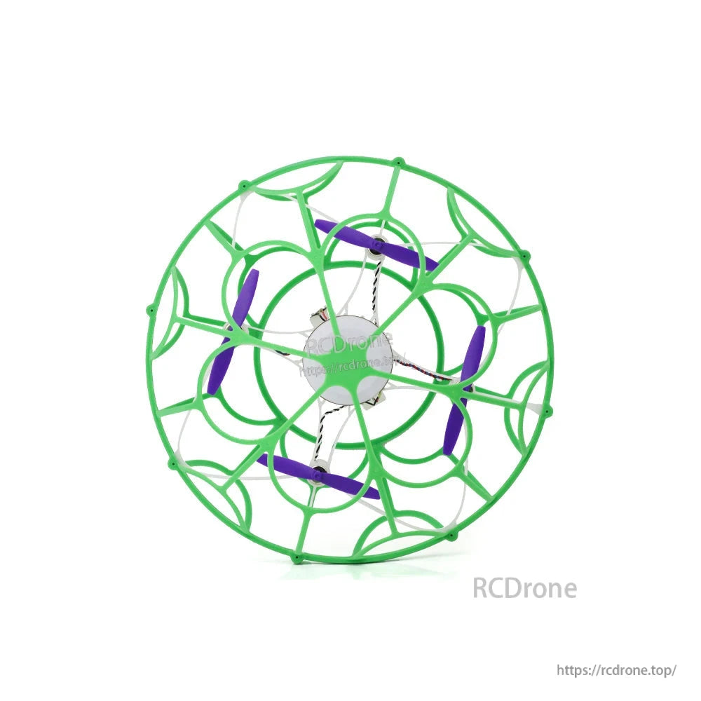 Top-down view of green spherical frame showing four purple propellers inside the cage