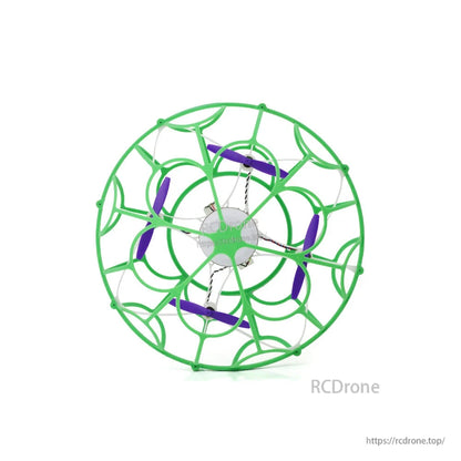 Top-down view of green spherical frame showing four purple propellers inside the cage