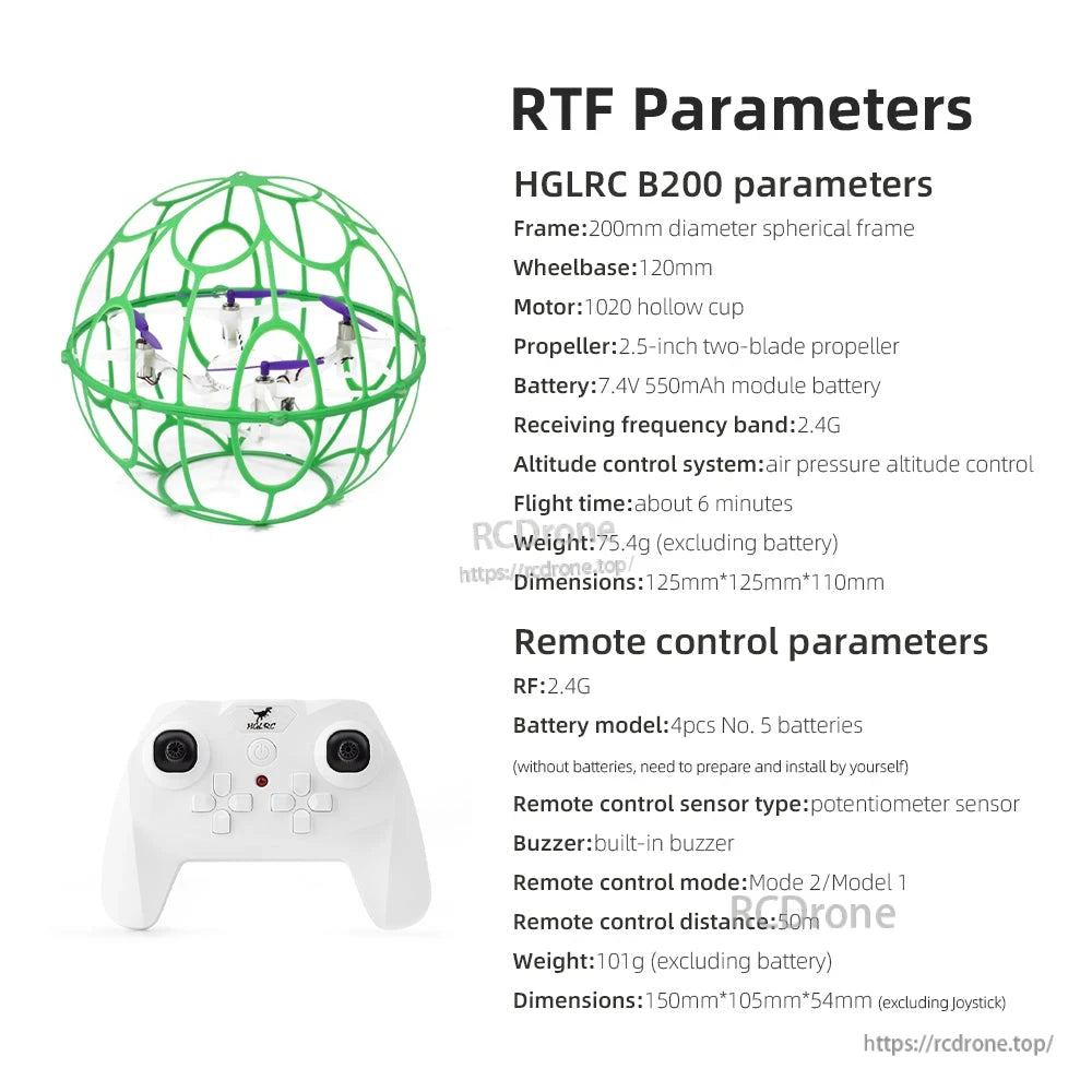RTF parameters chart for HGLRC B200 drone and 2.4G remote control, specs list graphic