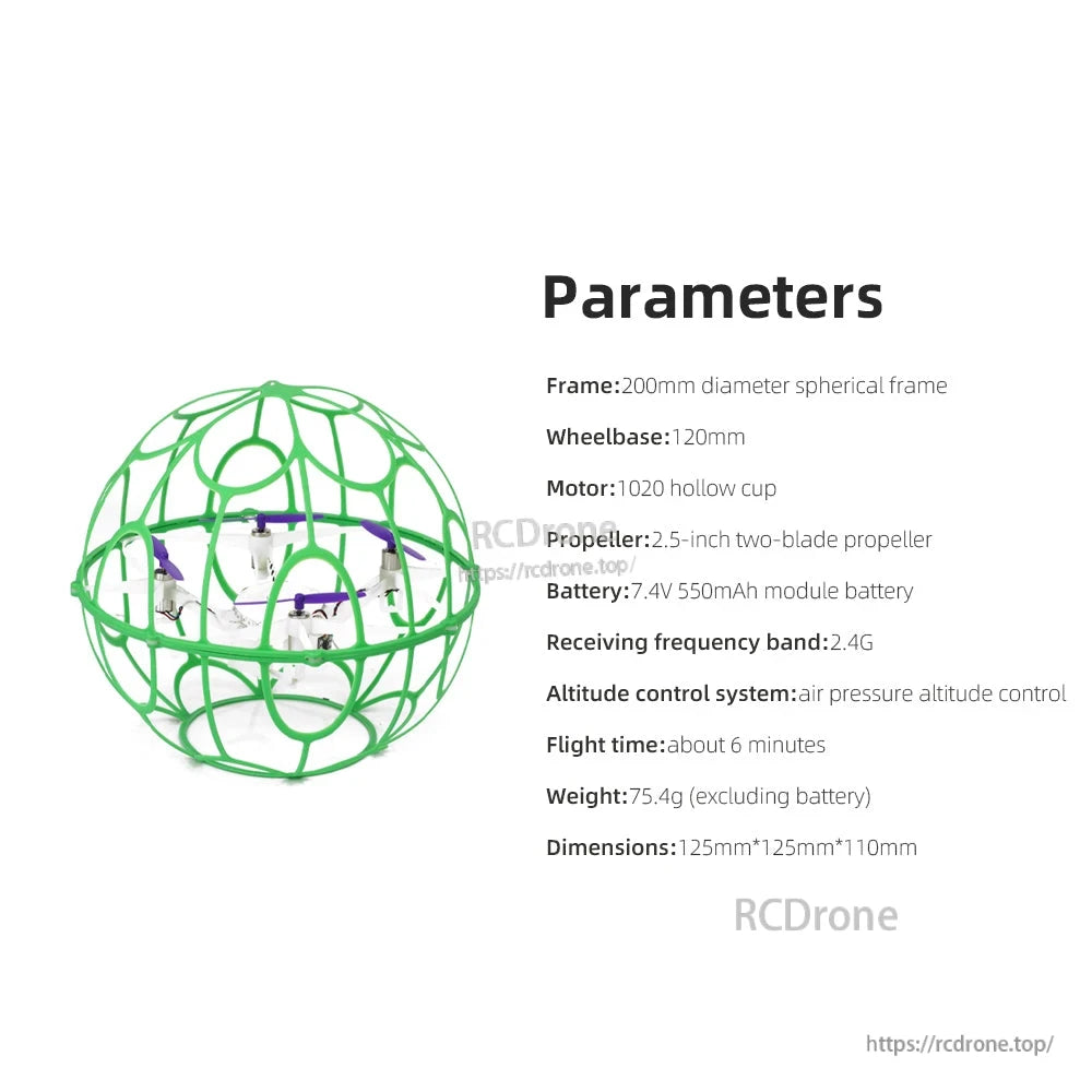 Drone parameters graphic showing frame size, wheelbase, motor, propeller, battery and dimensions