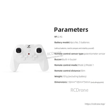 Remote controller parameters graphic showing 2.4G RF, buzzer, control modes, size and weight