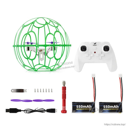 Package contents layout: drone, remote, batteries, spare props, USB cable, screws and screwdriver