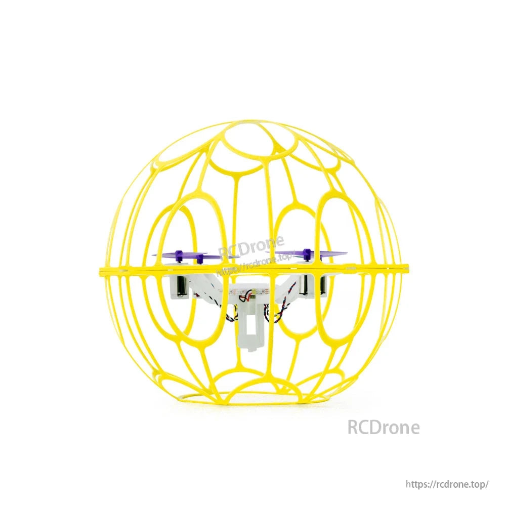 Yellow spherical cage drone side view showing internal quadcopter frame and wiring