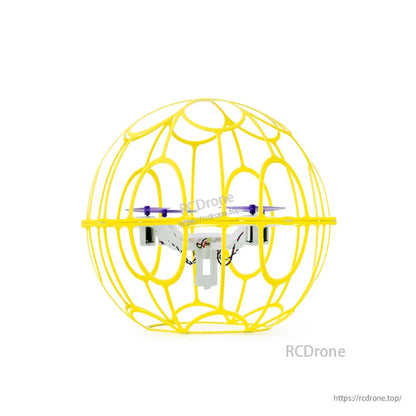 Yellow spherical cage drone side view showing internal quadcopter frame and wiring