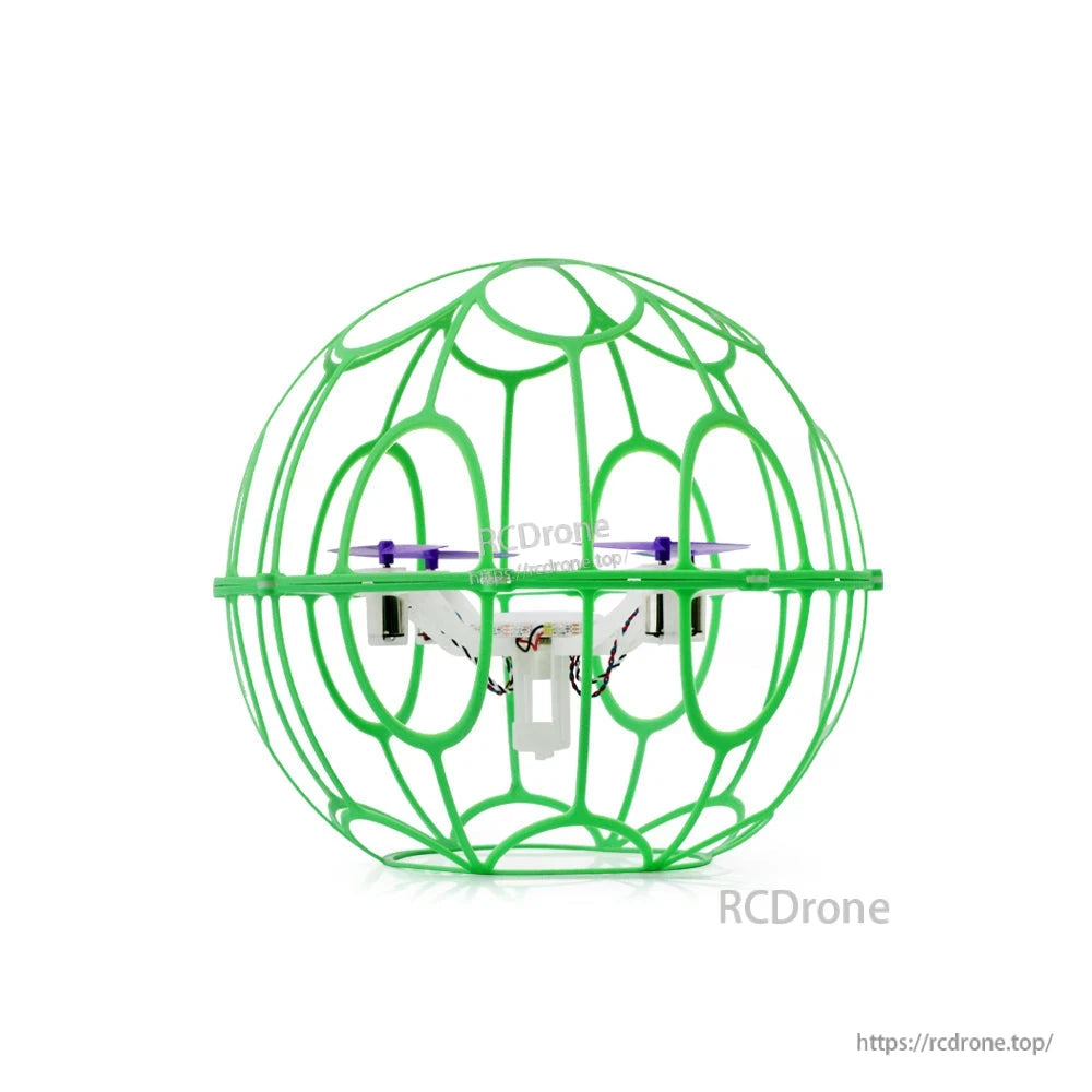 Green spherical cage drone side profile on white background, centered product view
