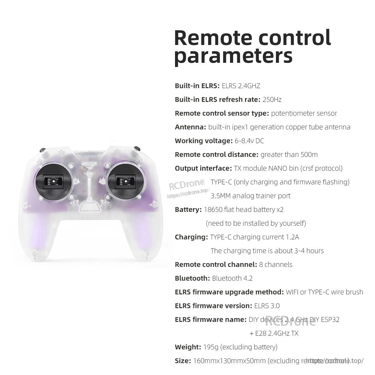 Remote control parameters specification sheet with controller photo and listed features