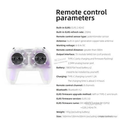 Remote control parameters specification sheet with controller photo and listed features