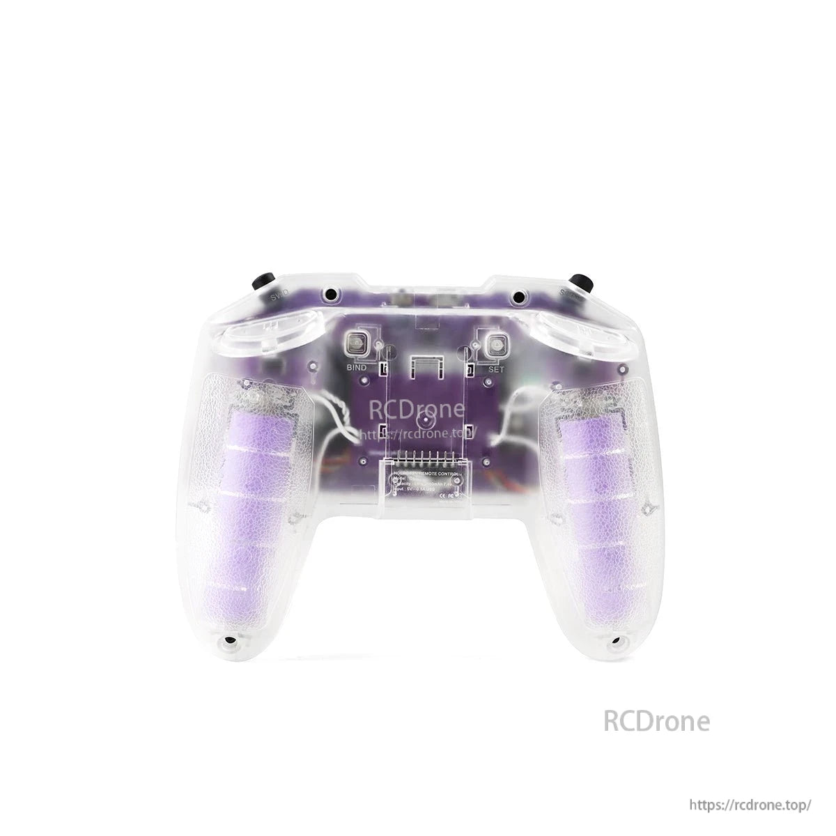 HGLRC C1 remote controller rear view showing back buttons and internal components through shell