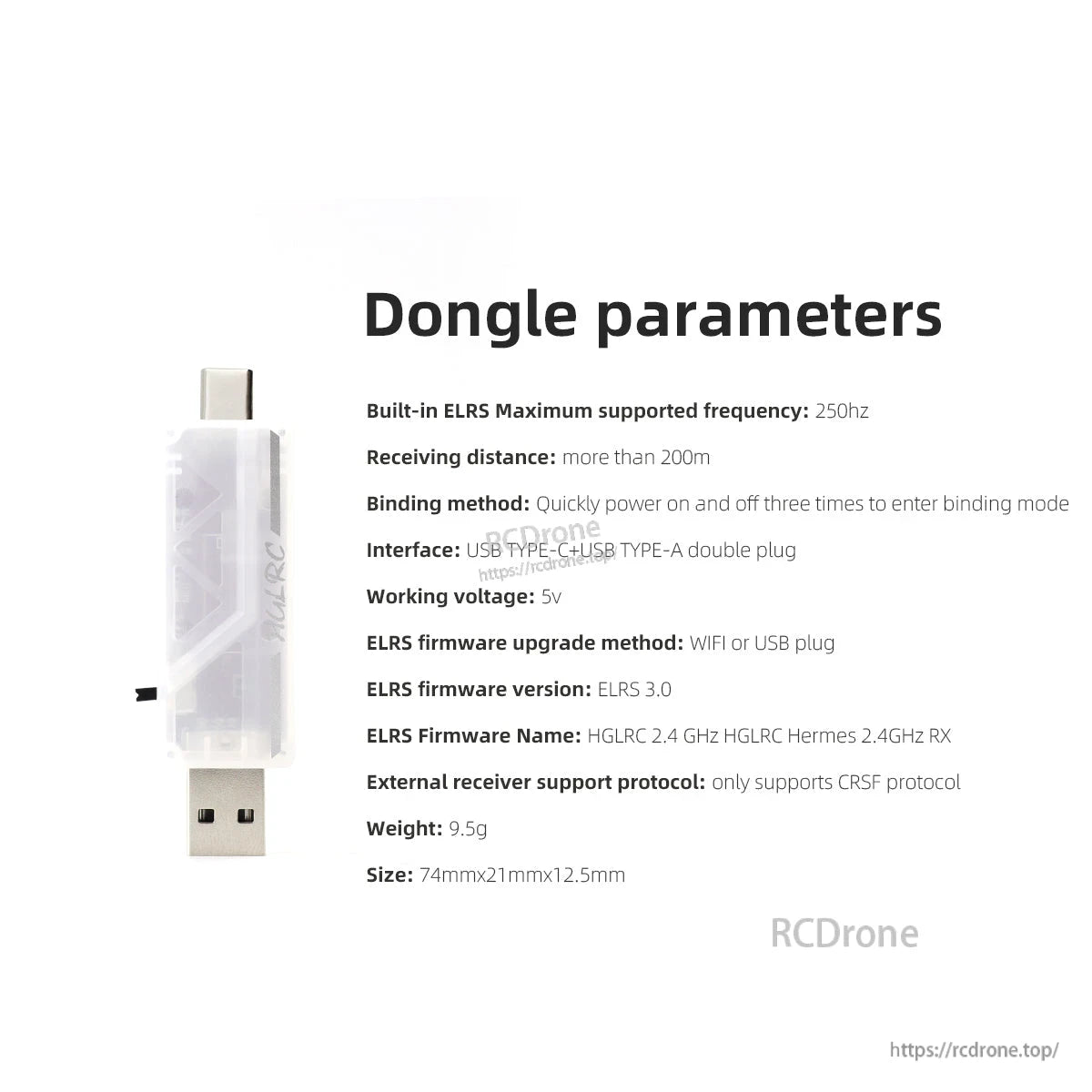 Dongle parameters specification sheet with wireless dongle photo and feature list text