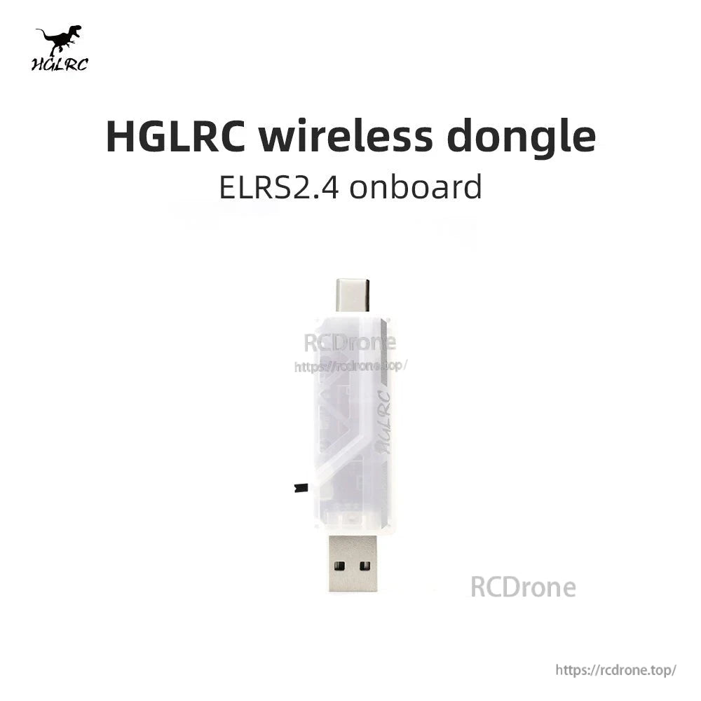 HGLRC wireless dongle with USB-A and USB-C connectors, ELRS 2.4 onboard text shown
