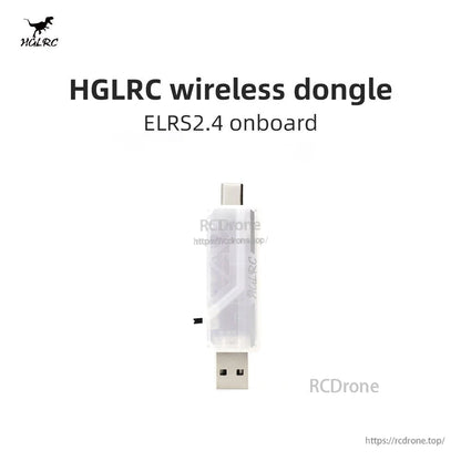 HGLRC wireless dongle with USB-A and USB-C connectors, ELRS 2.4 onboard text shown