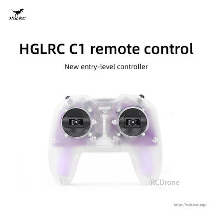 Promotional graphic with text “HGLRC C1 remote control”; center image area obscured