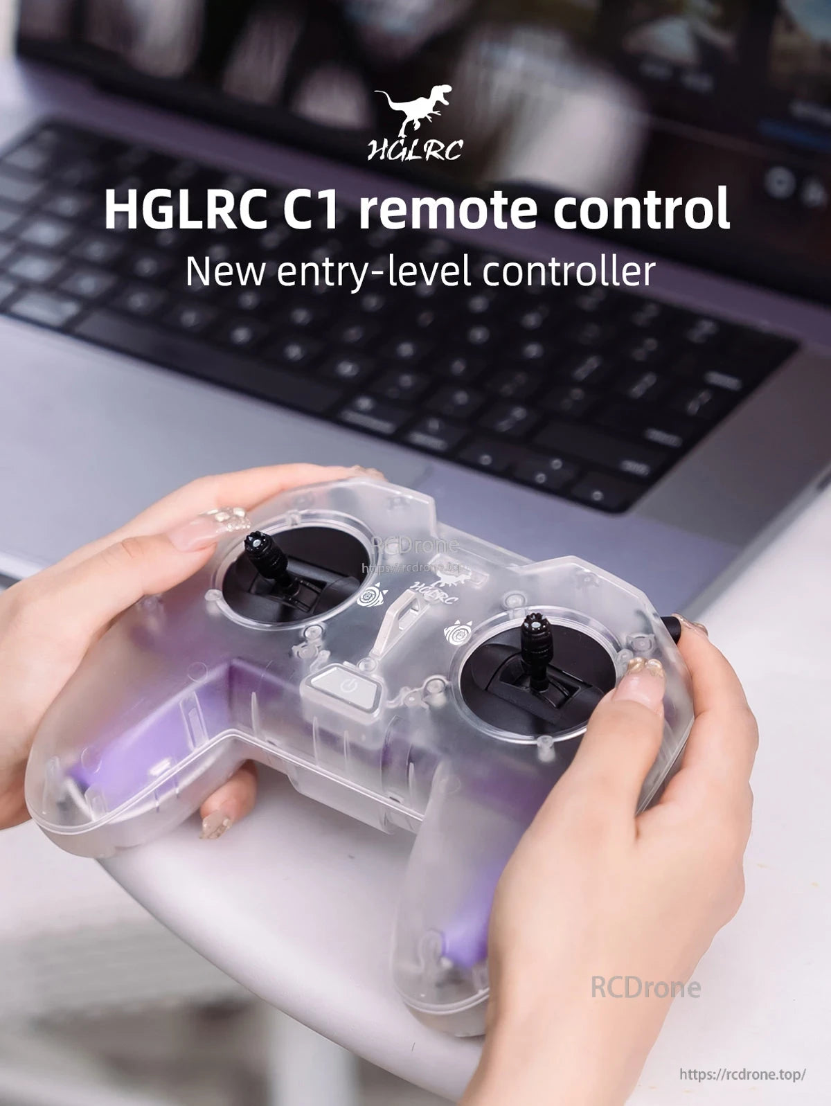 HGLRC C1 Remote Controller in use, transparent handle-style radio with dual sticks for beginner FPV control