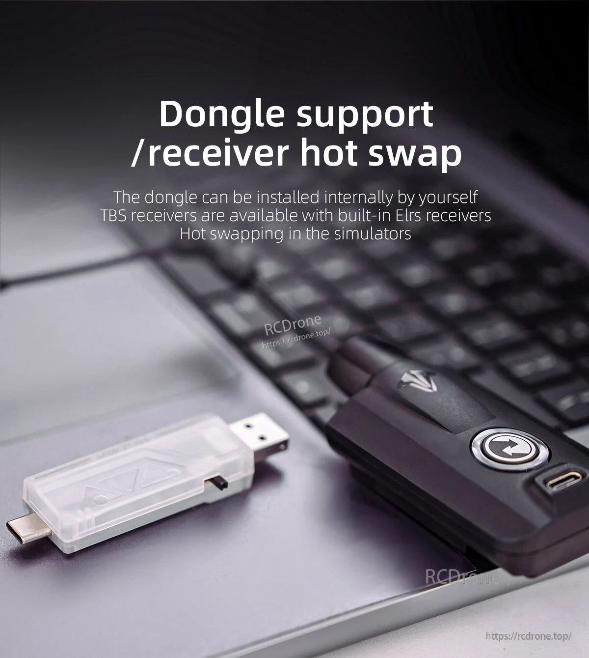 USB dongle and receiver hot swap support graphic beside laptop, showing USB-C and USB-A plug style