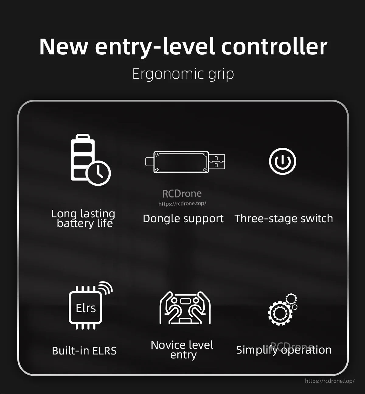 Feature overview graphic highlighting long battery life, dongle support, three-stage switch and built-in ELRS
