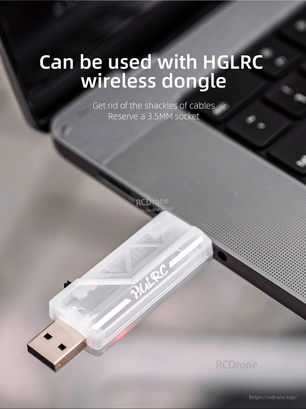 HGLRC wireless USB dongle plugged into laptop, illustrating cable-free simulator connection option