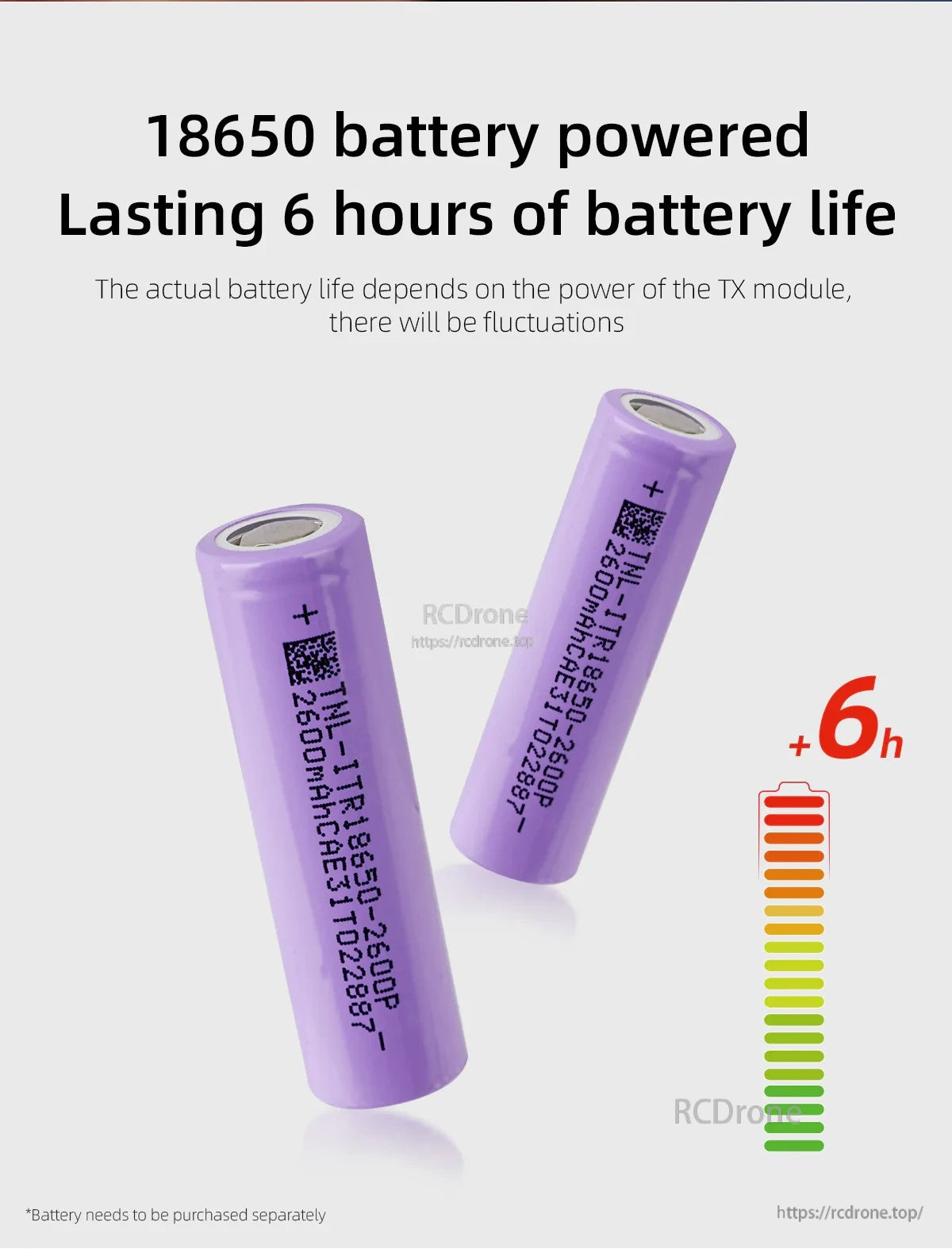 18650 battery power graphic showing two cells and up to 6 hours runtime note (batteries sold separately)