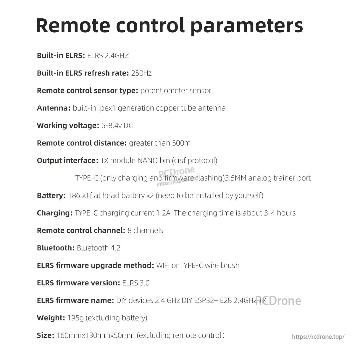 Remote control parameters table listing ELRS 2.4GHz, 250Hz refresh rate, 8 channels, ports, size and weight