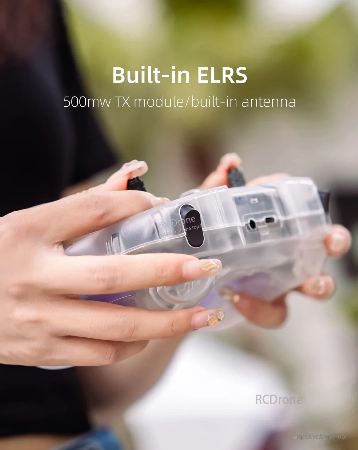 HGLRC C1 Remote Controller side view highlighting built-in ELRS 2.4GHz 500mW TX module and antenna