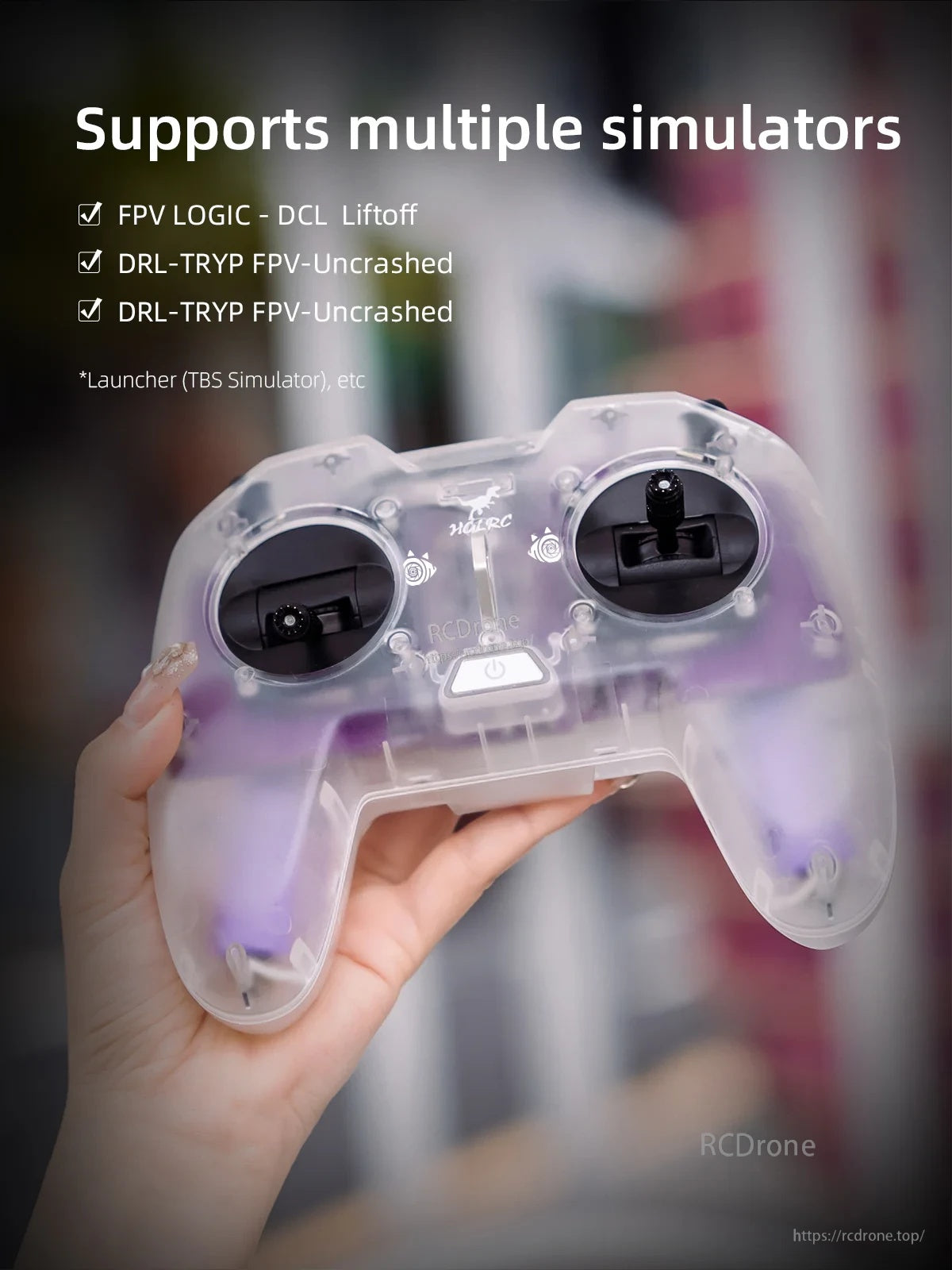 HGLRC C1 Remote Controller front view with text noting support for multiple FPV flight simulators