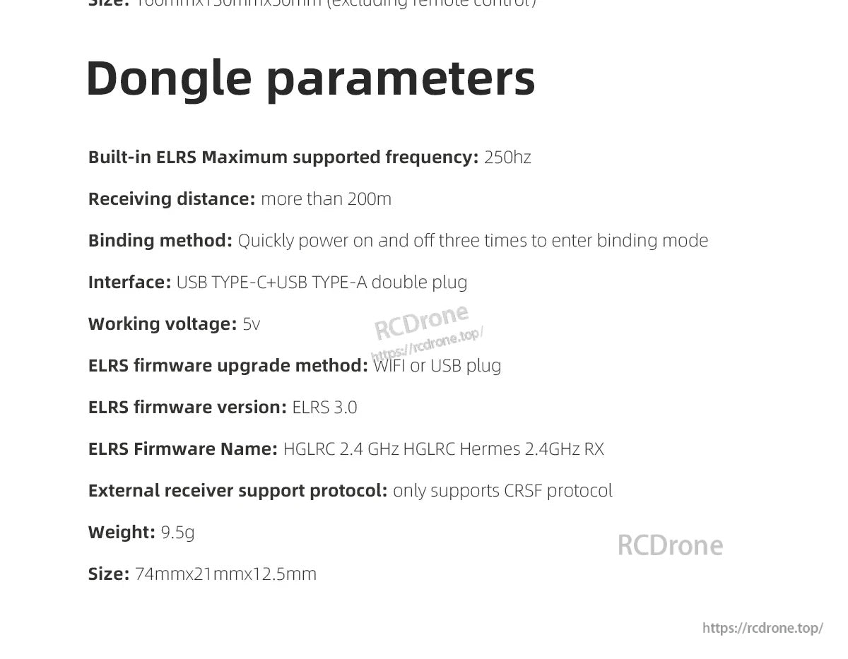 Dongle parameters table listing 250Hz support, over 200m receiving distance, USB-C and USB-A interface, weight and size