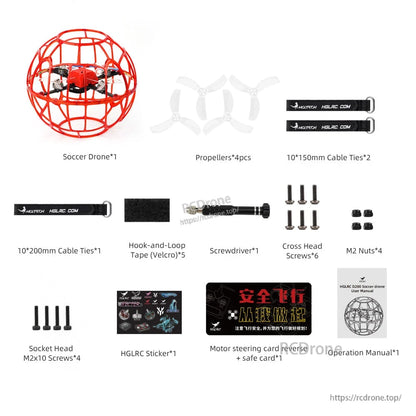 What’s in the box: soccer drone, propellers, cable ties, Velcro, screws, nuts, tools and manual