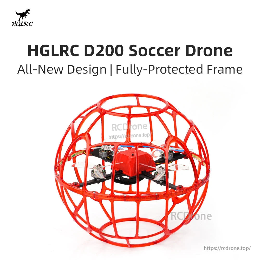 HGLRC D200 Soccer Drone promo graphic showing red fully protected frame design