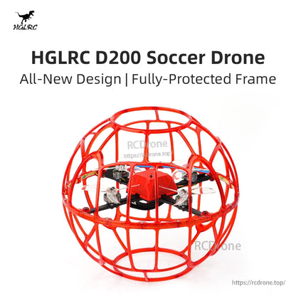 HGLRC D200 Soccer Drone promo graphic showing red fully protected frame design