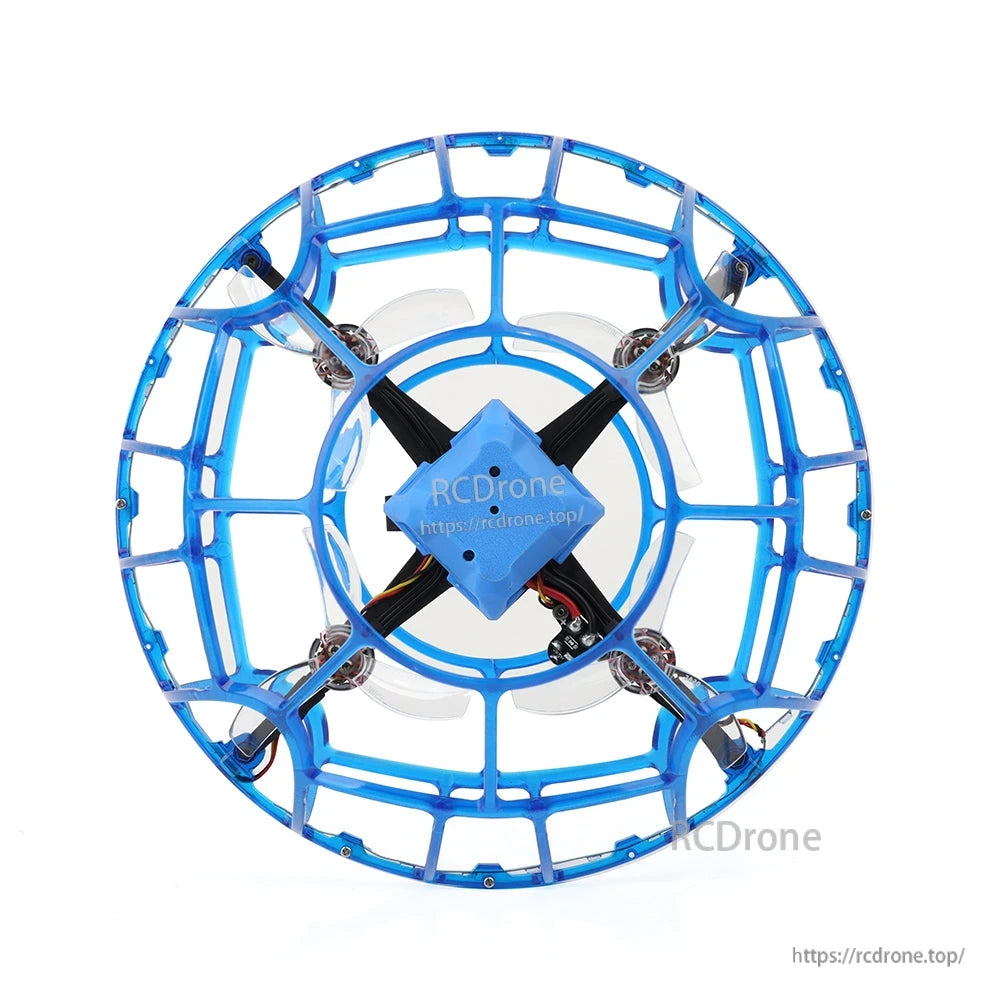 Top-down view of blue cage drone showing central canopy and four propeller guards