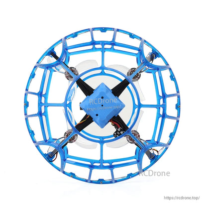 Top-down view of blue cage drone showing central canopy and four propeller guards