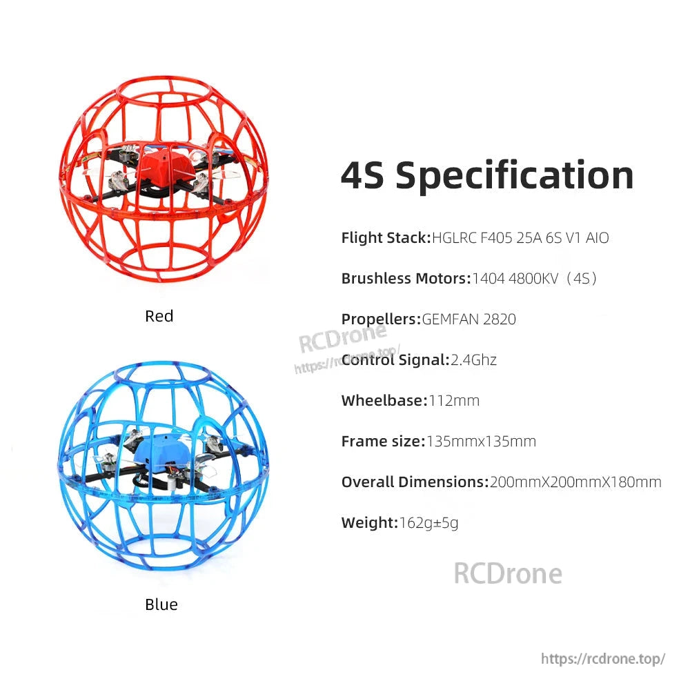 4S specification chart for D200 soccer drone with flight stack, motor KV, dimensions and weight