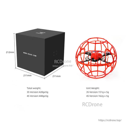 Retail box dimensions and weight comparison graphic with boxed package next to red cage drone