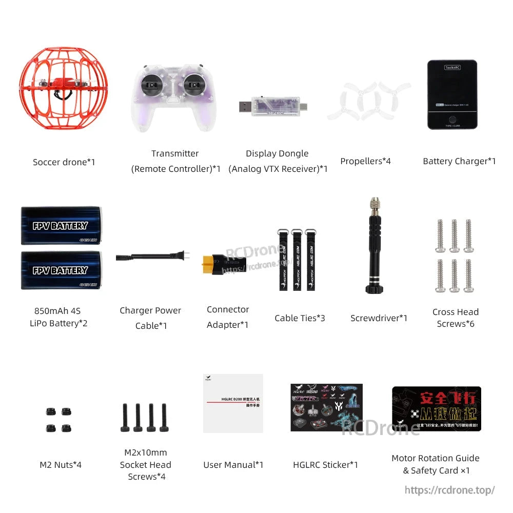 RTF kit contents layout with drone, transmitter, analog VTX receiver, 850mAh 4S batteries
